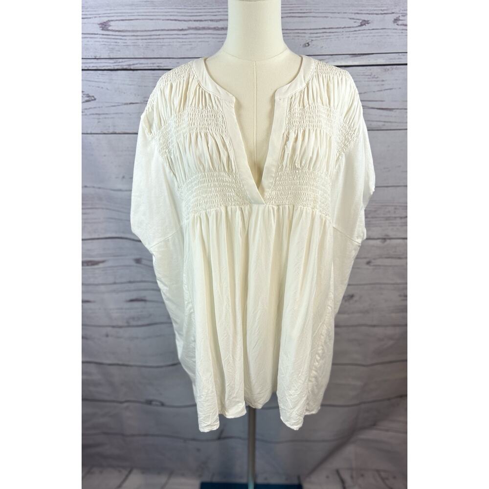 Olí & Hali Boho Tunic Top Oversized Cream Smocked Peasant Blouse S/M